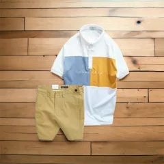 Nguồn hàng sỉ set Bộ Nam Quần Short Kaki Phối Cúc Áo Thun Cổ Bẻ Thêu Chữ Phối Màu
