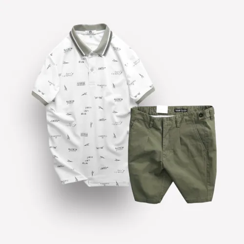 Bộ nam Pack Horse: áo thun polo cổ bẻ in hoạ tiết, quần short kaki phối cúc