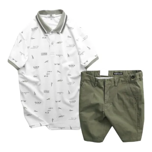 Bộ nam Pack Horse: áo thun polo cổ bẻ in hoạ tiết, quần short kaki phối cúc