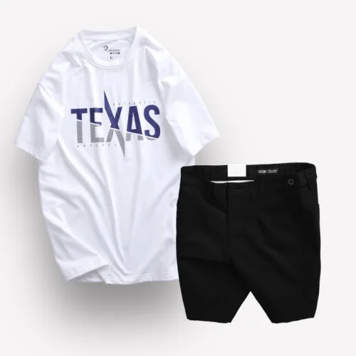 Bộ nam Big Size gồm áo thun cổ tròn in chữ và quần short kaki phối nút