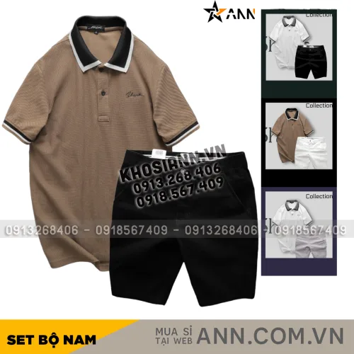 Bộ nam Rurumen cao cấp: áo thun polo cổ bẻ thêu chữ Shark kèm quần short kaki