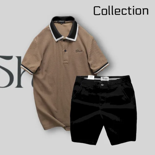 Bộ nam Rurumen cao cấp: áo thun polo cổ bẻ thêu chữ Shark kèm quần short kaki