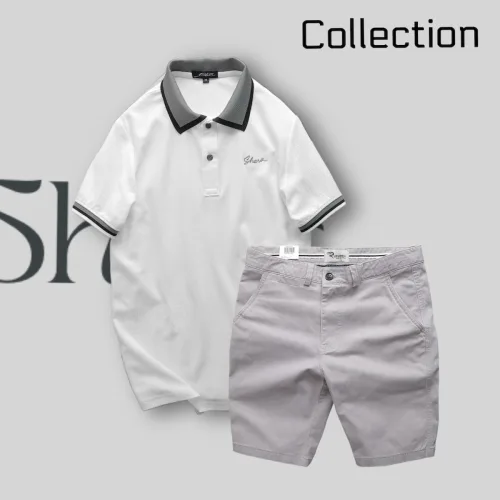 Bộ nam Rurumen cao cấp: áo thun polo cổ bẻ thêu chữ Shark kèm quần short kaki