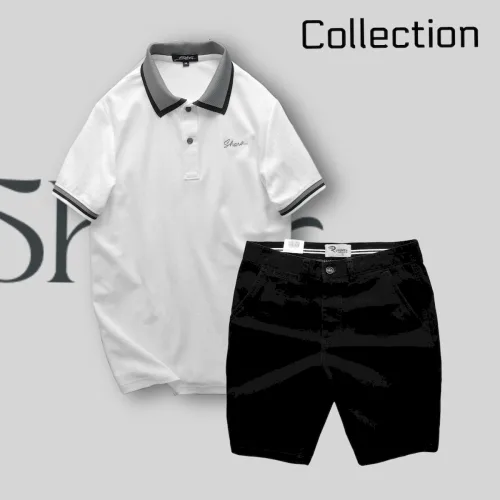 Bộ nam Rurumen cao cấp: áo thun polo cổ bẻ thêu chữ Shark kèm quần short kaki