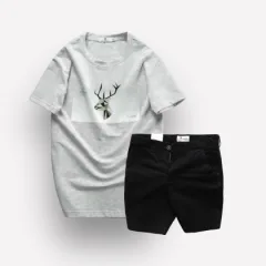 Nguồn hàng sỉ set Bộ Nam Quần Short Kaki Rurumen Phối Áo Thun Cổ Tròn In Hình Tuần Lộc