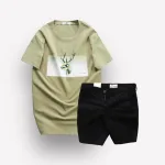 Nguồn hàng sỉ set Bộ Nam Quần Short Kaki Rurumen Phối Áo Thun Cổ Tròn In Hình Tuần Lộc