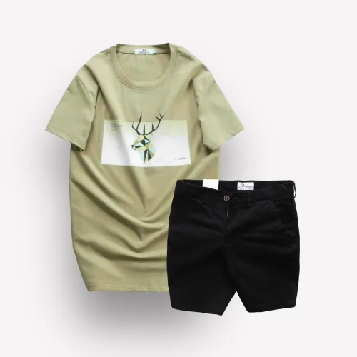 Nguồn hàng sỉ set Bộ Nam Quần Short Kaki Rurumen Phối Áo Thun Cổ Tròn In Hình Tuần Lộc