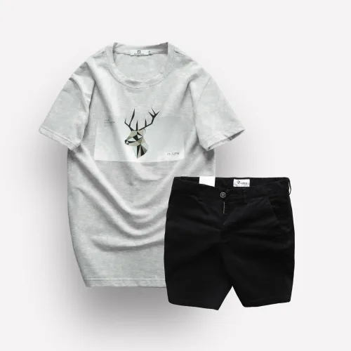 Nguồn hàng sỉ set Bộ Nam Quần Short Kaki Rurumen Phối Áo Thun Cổ Tròn In Hình Tuần Lộc