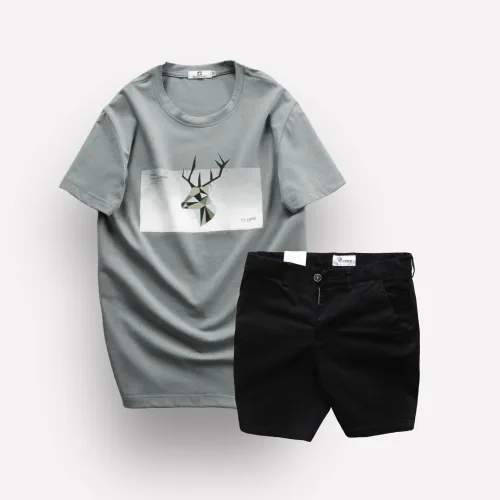 Nguồn hàng sỉ set Bộ Nam Quần Short Kaki Rurumen Phối Áo Thun Cổ Tròn In Hình Tuần Lộc