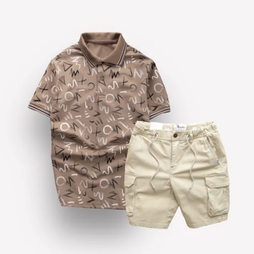 Chuyên sỉ set Bộ Nam Quần Short Kaki Túi Hộp Dây Rút Phối Áo Thun Nam Cổ Bẻ In Chữ MXO