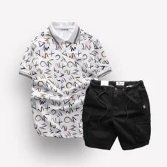 Chuyên sỉ set Bộ Nam Quần Short Kaki Túi Hộp Dây Rút Phối Áo Thun Nam Cổ Bẻ In Chữ MXO