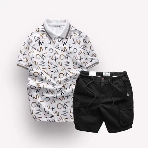 Chuyên sỉ set Bộ Nam Quần Short Kaki Túi Hộp Dây Rút Phối Áo Thun Nam Cổ Bẻ In Chữ MXO