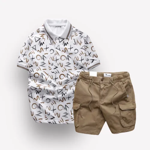Chuyên sỉ set Bộ Nam Quần Short Kaki Túi Hộp Dây Rút Phối Áo Thun Nam Cổ Bẻ In Chữ MXO