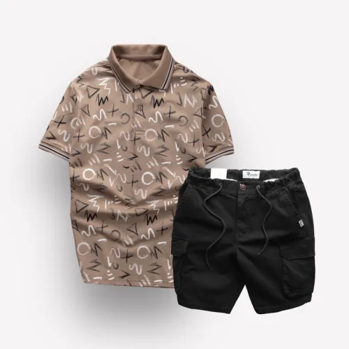 Chuyên sỉ set Bộ Nam Quần Short Kaki Túi Hộp Dây Rút Phối Áo Thun Nam Cổ Bẻ In Chữ MXO