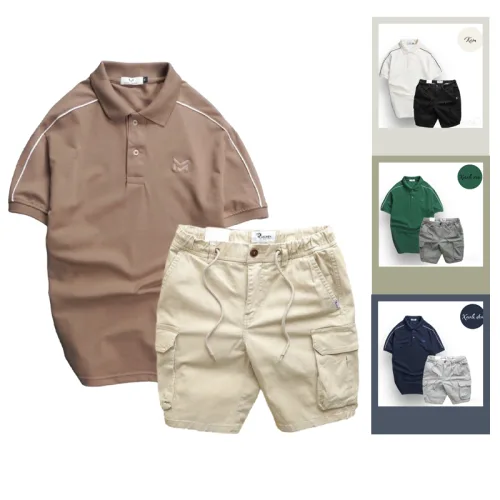 Nguồn hàng sỉ set Bộ Nam Quần Short Kaki Túi Hộp Phối Áo Thun Cá Sấu Cổ Bẻ Viền Tay