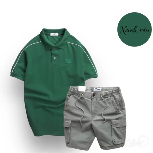 Nguồn hàng sỉ set Bộ Nam Quần Short Kaki Túi Hộp Phối Áo Thun Cá Sấu Cổ Bẻ Viền Tay