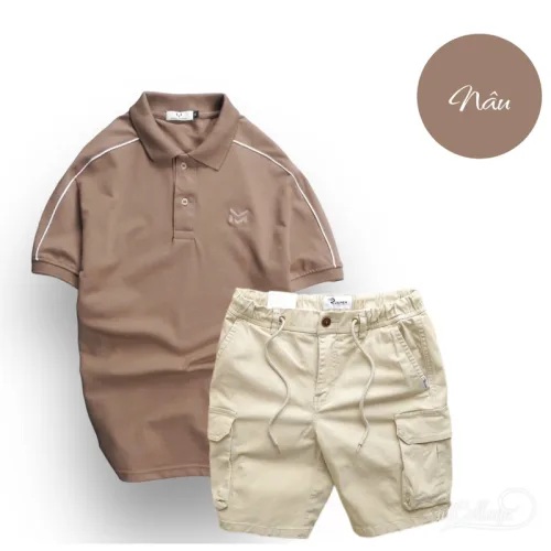 Nguồn hàng sỉ set Bộ Nam Quần Short Kaki Túi Hộp Phối Áo Thun Cá Sấu Cổ Bẻ Viền Tay