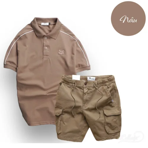 Nguồn hàng sỉ set Bộ Nam Quần Short Kaki Túi Hộp Phối Áo Thun Cá Sấu Cổ Bẻ Viền Tay