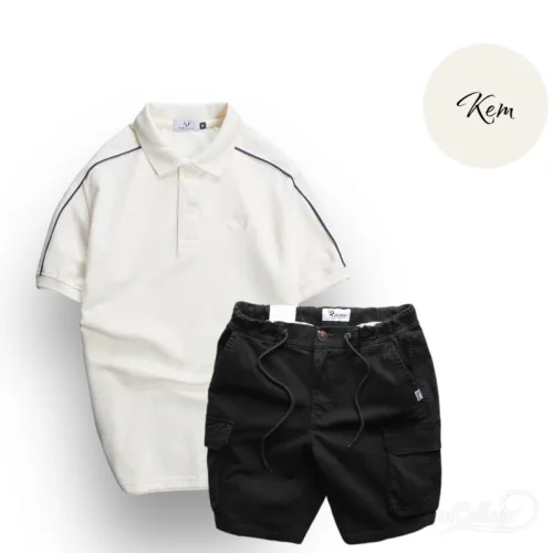 Nguồn hàng sỉ set Bộ Nam Quần Short Kaki Túi Hộp Phối Áo Thun Cá Sấu Cổ Bẻ Viền Tay