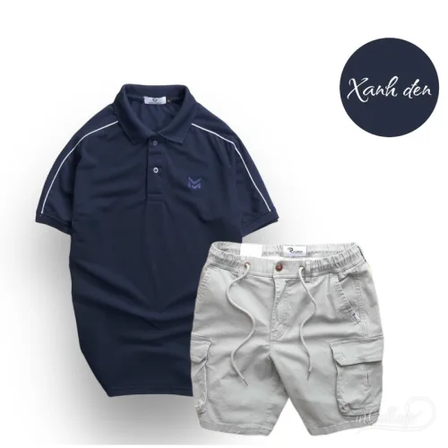 Nguồn hàng sỉ set Bộ Nam Quần Short Kaki Túi Hộp Phối Áo Thun Cá Sấu Cổ Bẻ Viền Tay