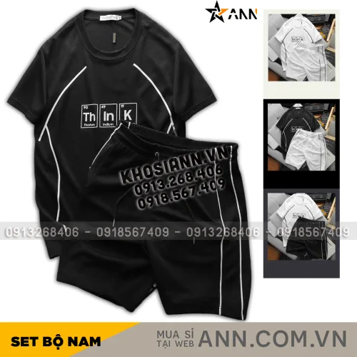 Bộ nam Pack Hourse in chữ Think viền sọc gồm áo thun cổ tròn và quần short