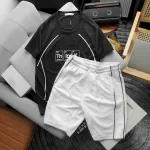 Bộ nam Pack Hourse in chữ Think viền sọc gồm áo thun cổ tròn và quần short