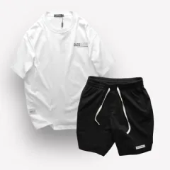 Bộ Unisex CLEGENDK Áo Thun Cổ Tròn Phối Quần Short Big Size