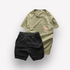 Chuyên sỉ set Bộ Nam Quần Short Thun Áo Thun Cổ Tròn Phối Túi In Hình