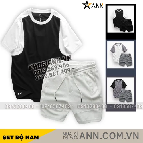 Bộ nam áo cổ tròn tay màu phối quần short thun sọc ngang chữ