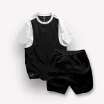 Bộ nam áo cổ tròn tay màu phối quần short thun sọc ngang chữ