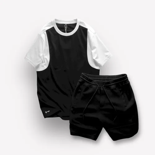 Bộ nam áo cổ tròn tay màu phối quần short thun sọc ngang chữ