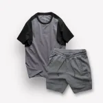 Bộ nam áo cổ tròn tay màu phối quần short thun sọc ngang chữ