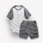 Bộ nam áo cổ tròn tay màu phối quần short thun sọc ngang chữ