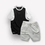 Bộ nam áo cổ tròn tay màu phối quần short thun sọc ngang chữ