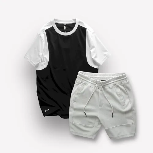 Bộ nam áo cổ tròn tay màu phối quần short thun sọc ngang chữ