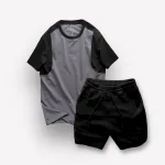 Bộ nam áo cổ tròn tay màu phối quần short thun sọc ngang chữ