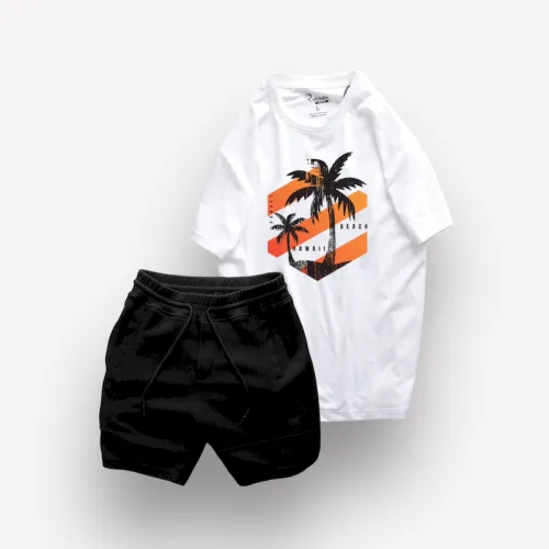Bộ Nam Rurumen Áo Cổ Tròn In Hình Kèm Quần Short Thun Viên Trắng