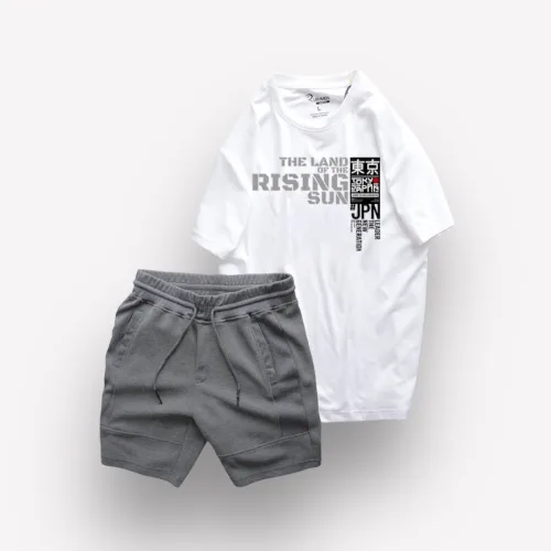 Bộ Nam Rurumen Áo Cổ Tròn In Hình Kèm Quần Short Thun Viên Trắng