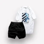 Bộ Nam Rurumen Áo Cổ Tròn In Hình Kèm Quần Short Thun Viên Trắng