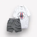 Bộ Nam Rurumen Áo Cổ Tròn In Hình Kèm Quần Short Thun Viên Trắng