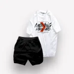 Bộ Nam Rurumen Áo Cổ Tròn In Hình Kèm Quần Short Thun Viên Trắng