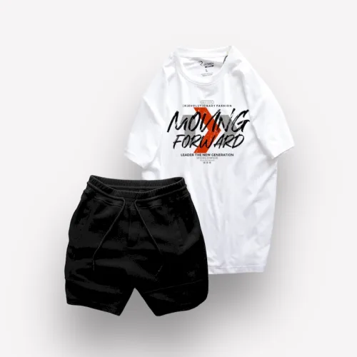 Bộ Nam Rurumen Áo Cổ Tròn In Hình Kèm Quần Short Thun Viên Trắng