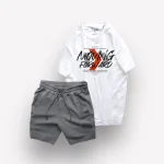 Bộ Nam Rurumen Áo Cổ Tròn In Hình Kèm Quần Short Thun Viên Trắng