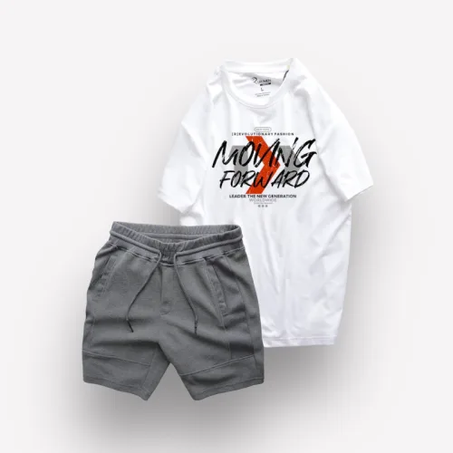 Bộ Nam Rurumen Áo Cổ Tròn In Hình Kèm Quần Short Thun Viên Trắng