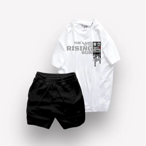 Bộ Nam Rurumen Áo Cổ Tròn In Hình Kèm Quần Short Thun Viên Trắng
