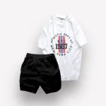 Bộ Nam Rurumen Áo Cổ Tròn In Hình Kèm Quần Short Thun Viên Trắng