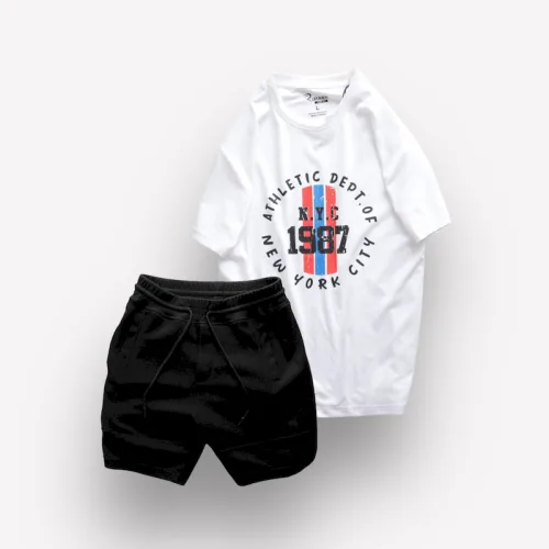 Bộ Nam Rurumen Áo Cổ Tròn In Hình Kèm Quần Short Thun Viên Trắng