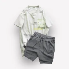 Bộ nam áo cổ tròn in hình phối quần short viền sọc