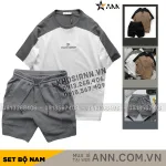 Bộ nam áo thun oversize cổ tròn thêu chữ Pack Horse và quần short thun viền sọc