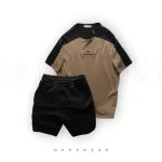 Bộ nam áo thun oversize cổ tròn thêu chữ Pack Horse và quần short thun viền sọc